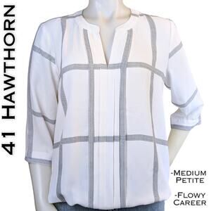 41 Hawthorn Juanis Blouse Medium Petite White Black Windowpane Pleated Blouson